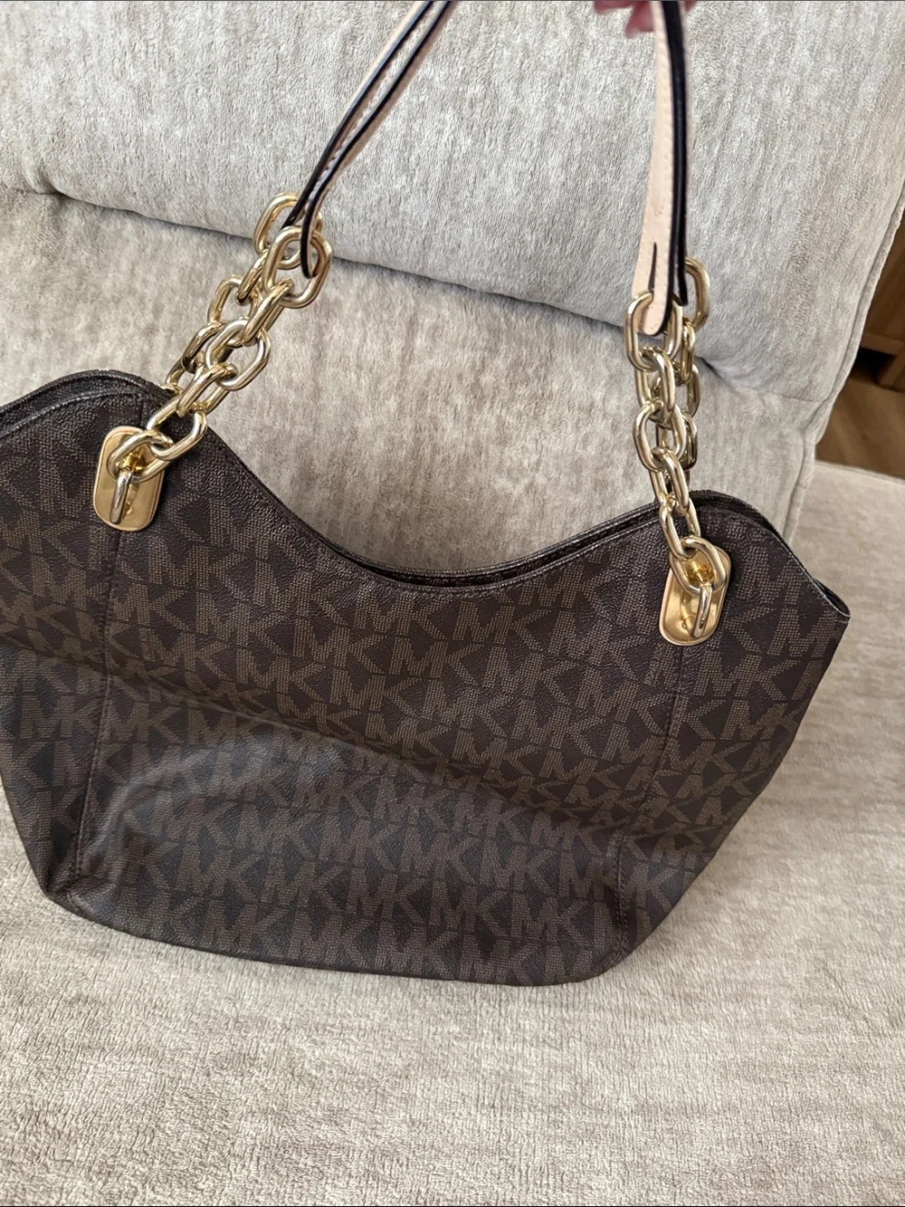 Michael Kors Dark Brown MK Logo Shoulder Bag with Tan Accents